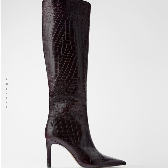 Zara Dark Brown Croc-Embossed Heeled Boots - Picture 1 of 4